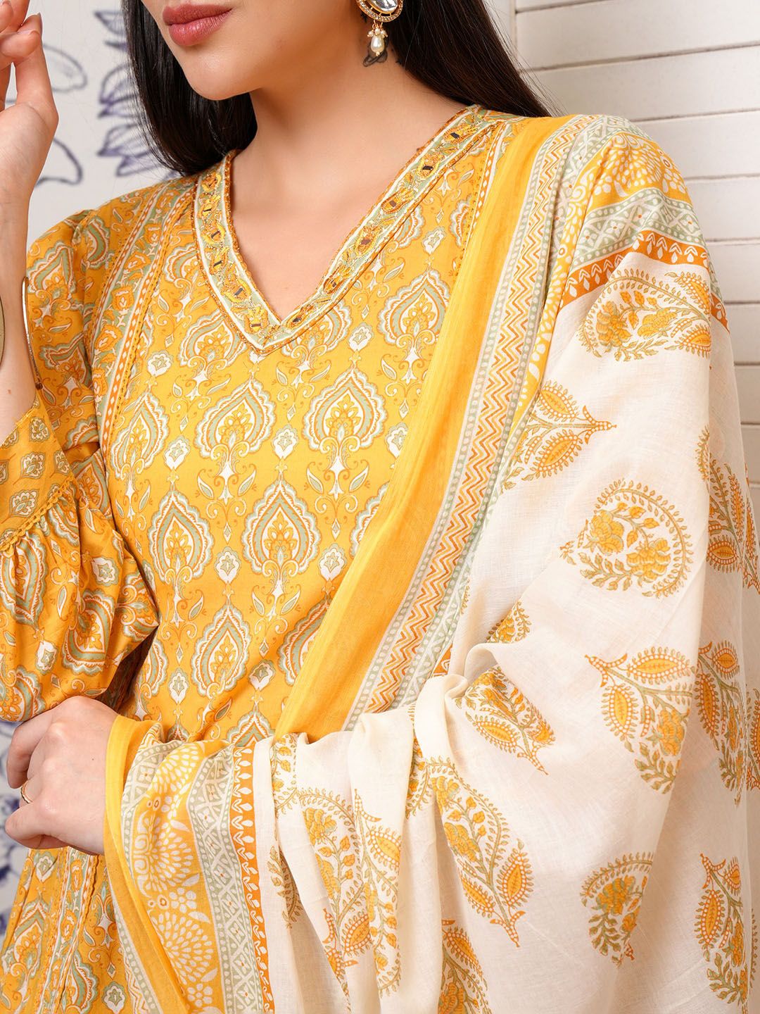 Vishudh Mustard Ethnic Motifs Printed Regular Pure Cotton Kurta with Trouser & Dupatta