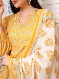 Vishudh Mustard Ethnic Motifs Printed Regular Pure Cotton Kurta with Trouser & Dupatta