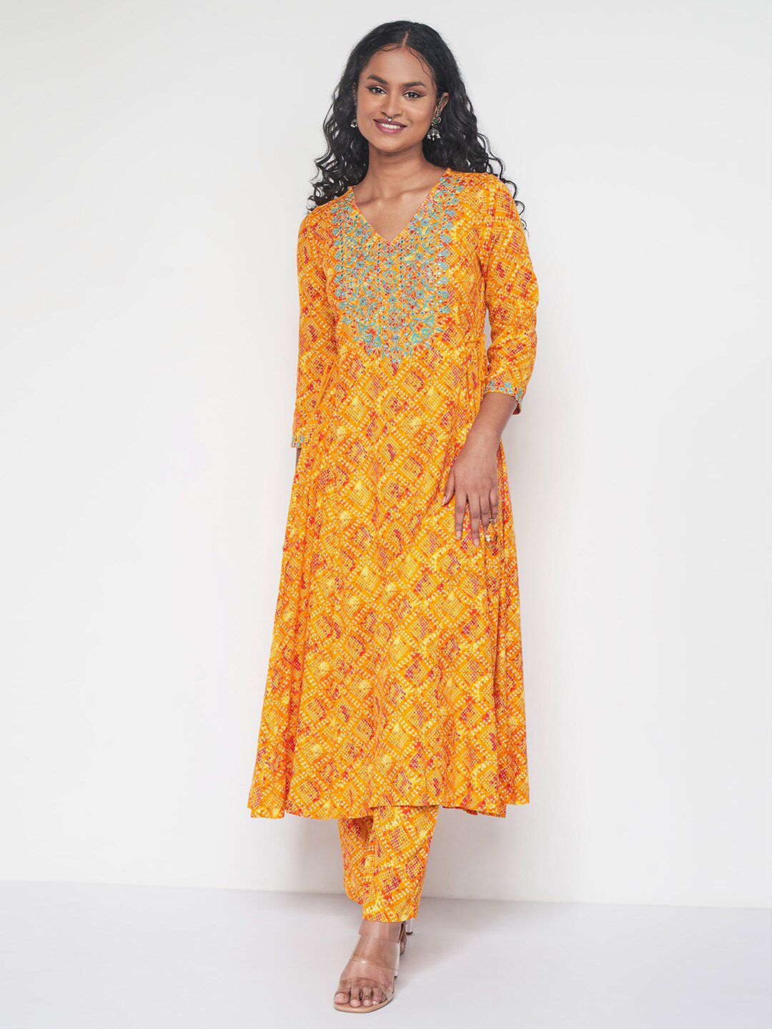 Global Desi Bandhani Printed Thread Work Kurta with Trousers