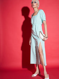 SASSAFRAS Green Square Neck Checked A-Line Midi Dress