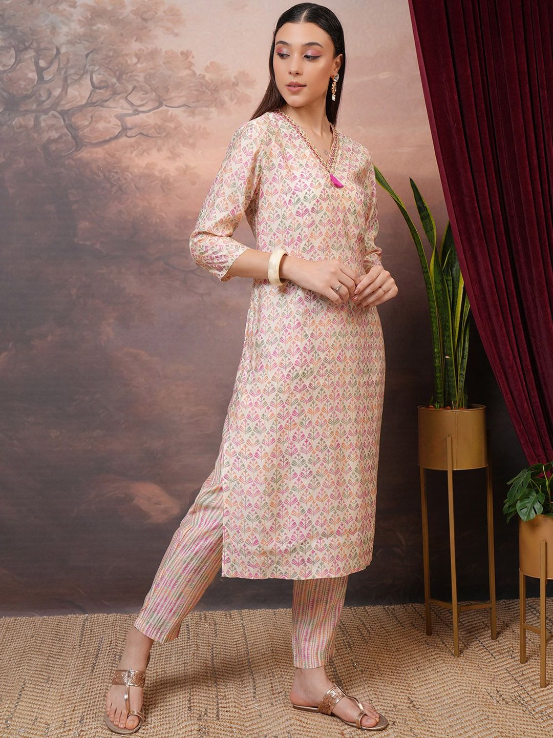 Vishudh Cream Coloured Printed Beads & Stones Straight Kurta With Trousers & Dupatta