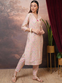 Vishudh Cream Coloured Printed Beads & Stones Straight Kurta With Trousers & Dupatta