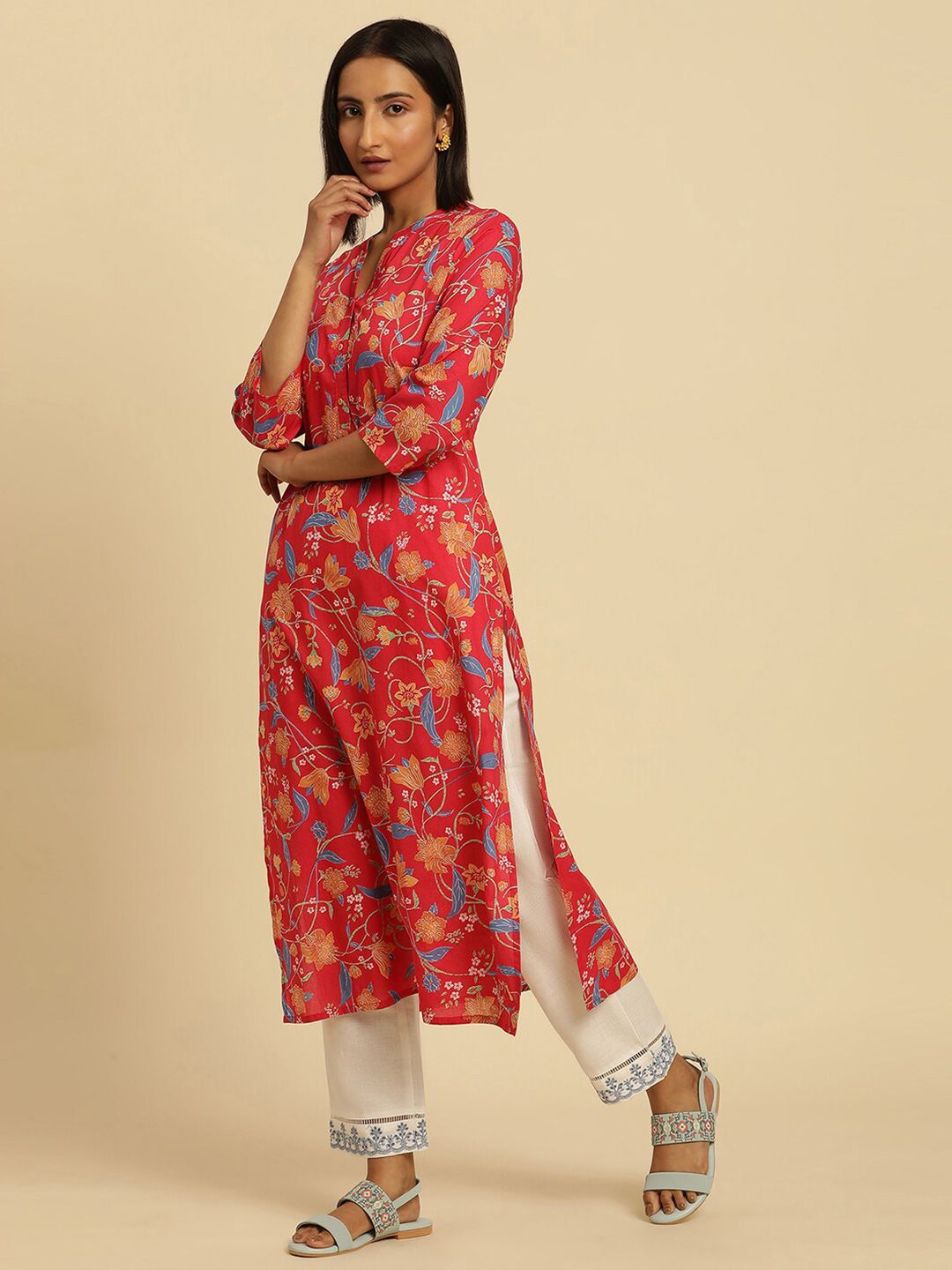 W Floral Printed Cotton Kurta