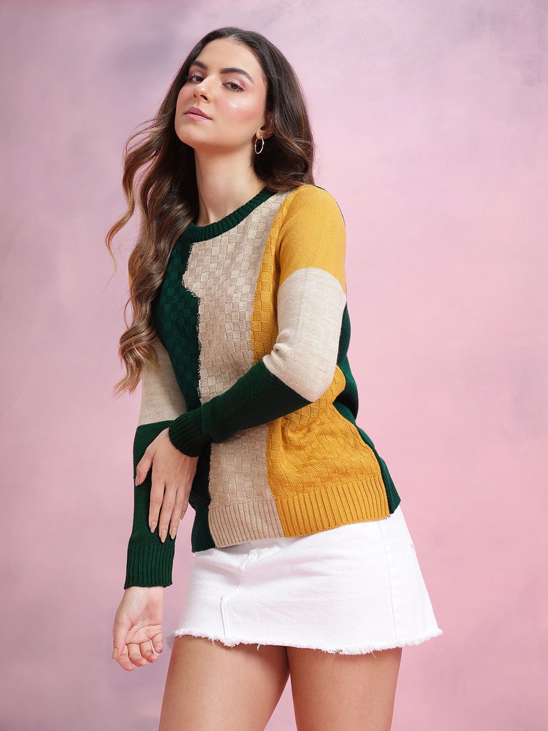 DressBerry Colourblocked Knitted Pure Acrylic Pullover
