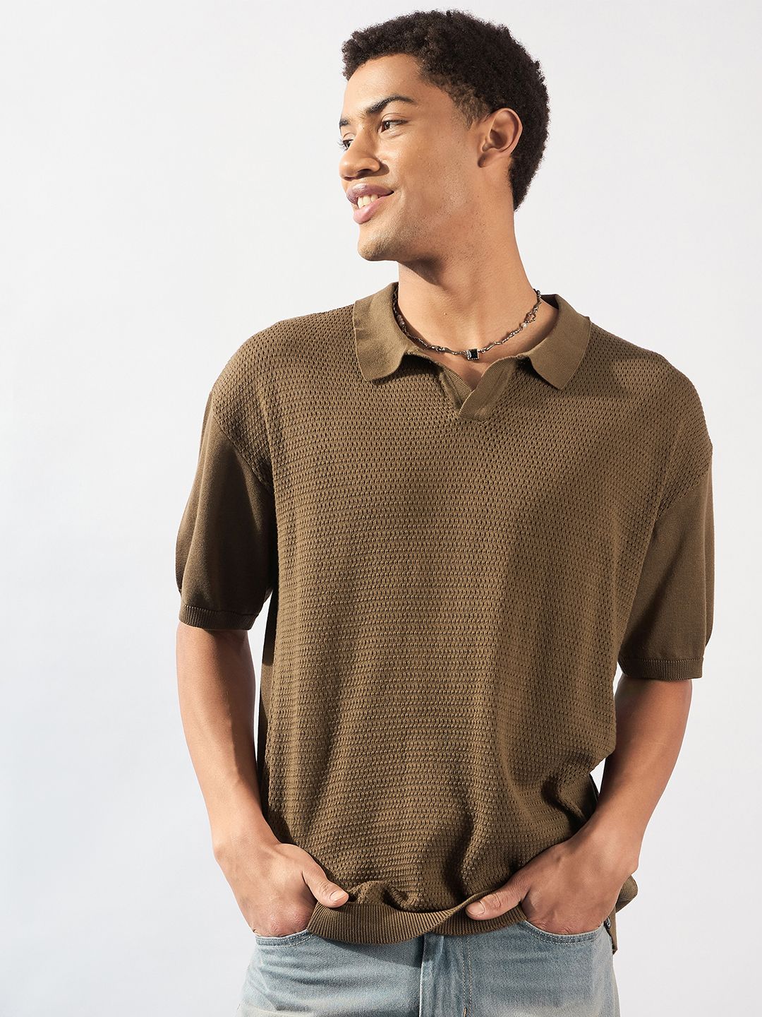 DENNISON Men Oversized Polo Collar Knitted T-Shirt