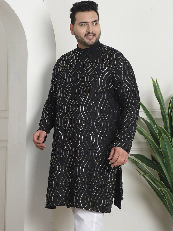 SOJANYA PLUS Geometric Embroidered Sequinned Mandarin Collar Cotton Straight Kurta