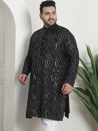 SOJANYA PLUS Geometric Embroidered Sequinned Mandarin Collar Cotton Straight Kurta