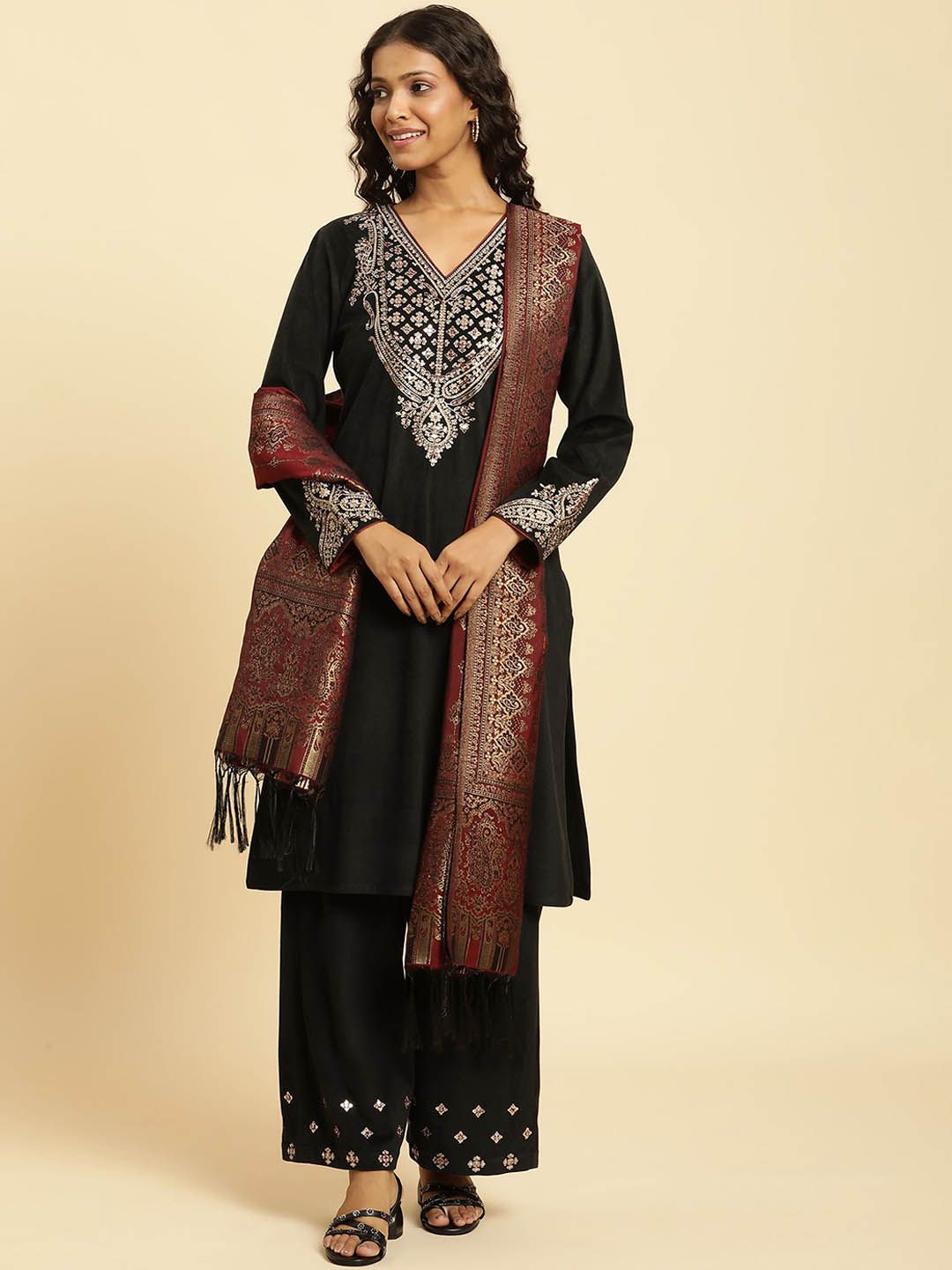 W Ethnic Motifs Sequinned V-Neck Velvet Straight Kurta With Palazzo And Dupatta