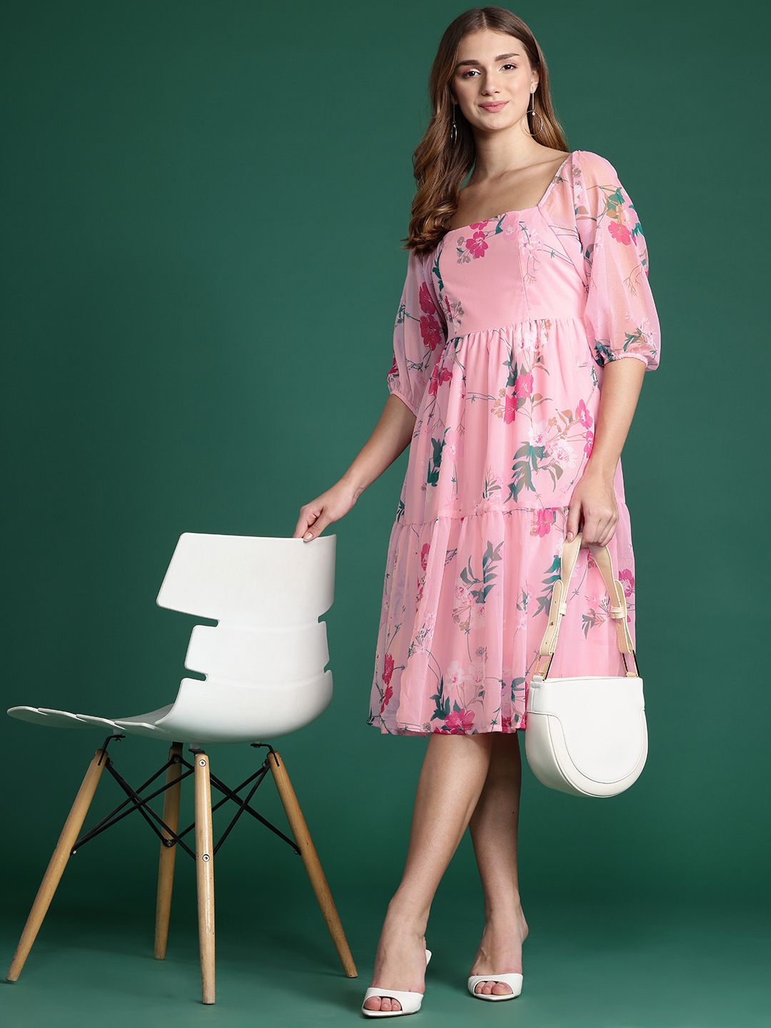 DressBerry Floral Print Puff Sleeve A-Line Dress