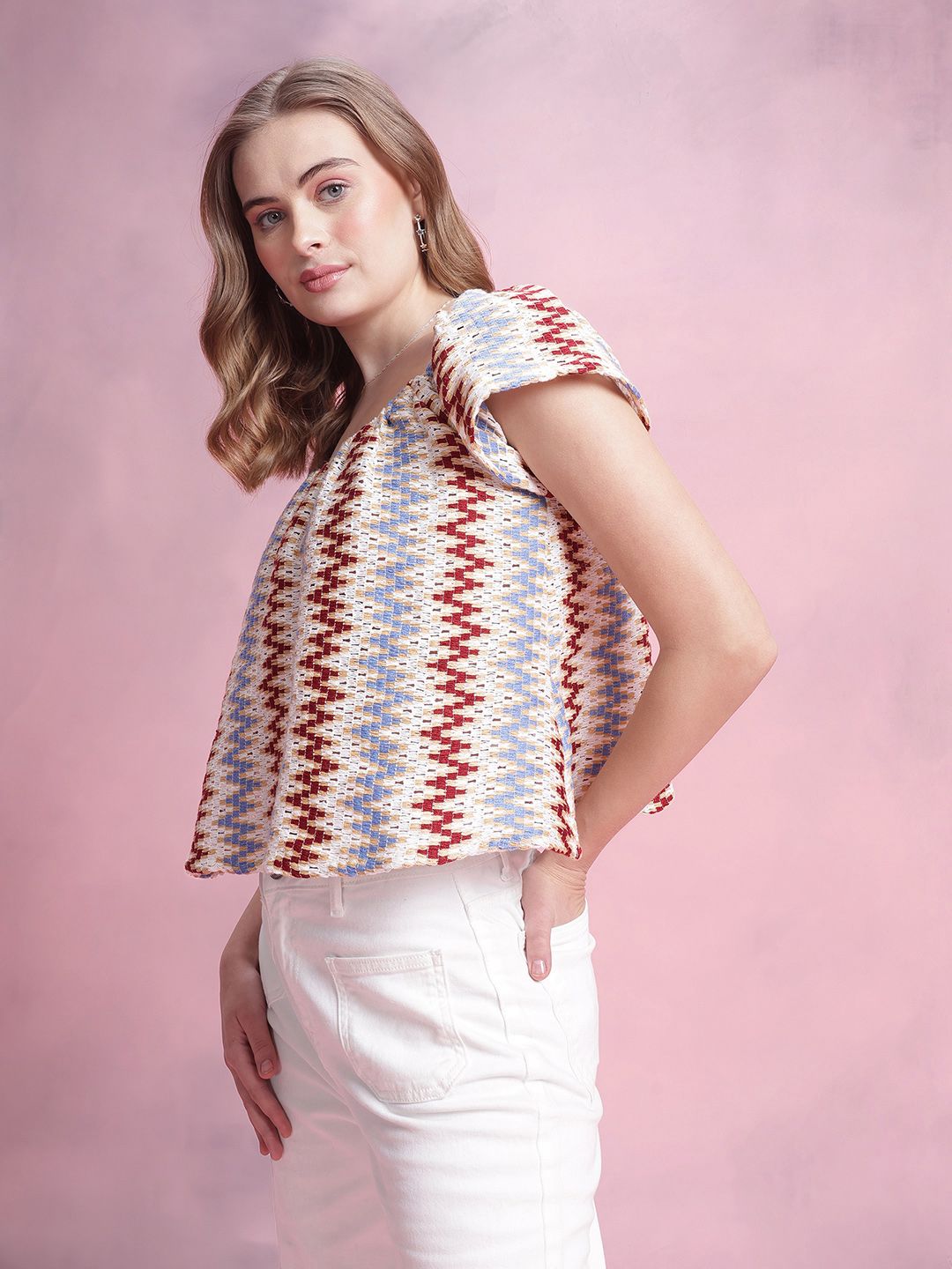 DressBerry Chevron Stripe Self Design Boxy Top