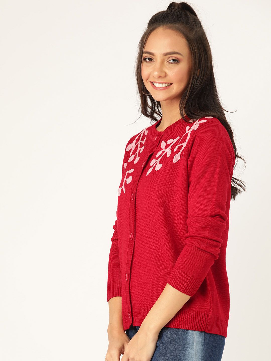 DressBerry Women Red & Pink Floral Embroidered Solid Cardigan