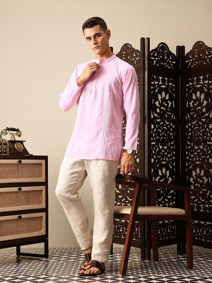 House of Pataudi Floral Embroidered Band Collar Pure Cotton Jashn Kurta