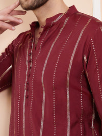 See Designs Mandarin Collar Striped Thread Work Chanderi Silk Straight Kurta