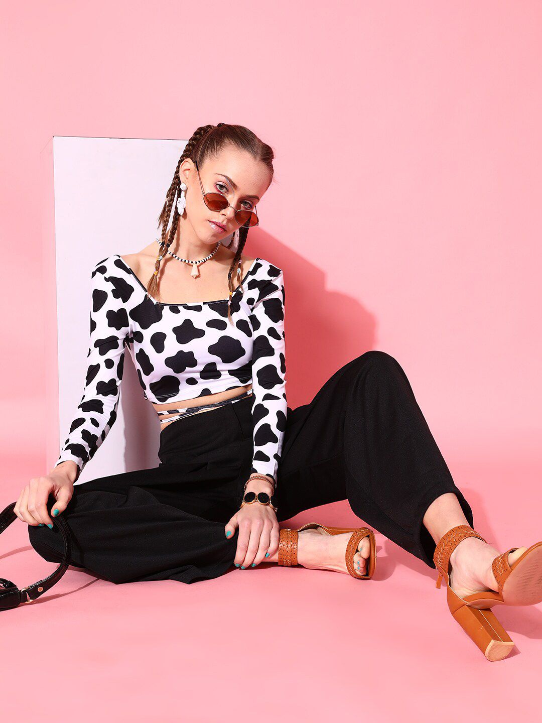 STREET 9 Black & White Print Square Neck Monochrome Crop Top