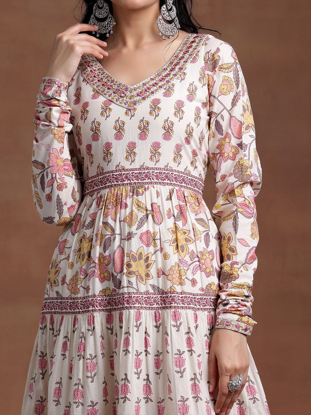 Libas Floral Printed Tiered Mirror Work Pure Cotton Kurta with Palazzos & With Dupatta