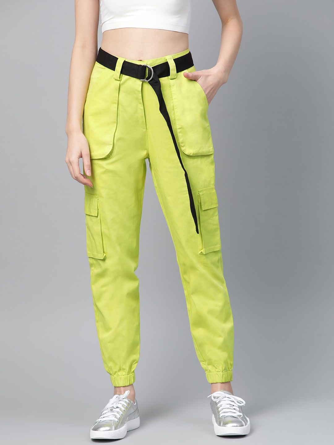 STREET 9 Women Lime Green Regular Fit Solid Cargos
