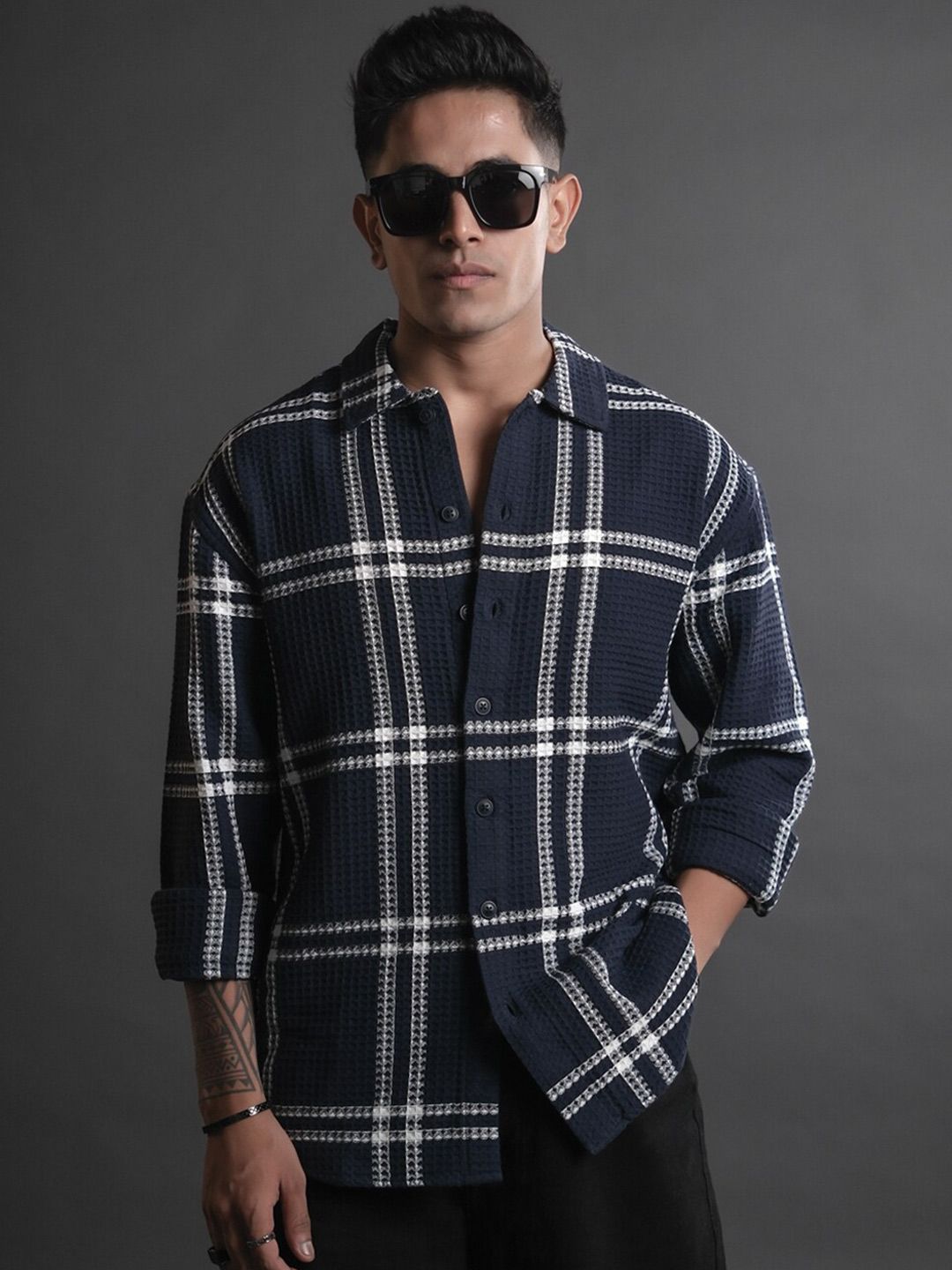 Powerlook Blue India Slim Besar Tartan Memeriksa Baju Kasual