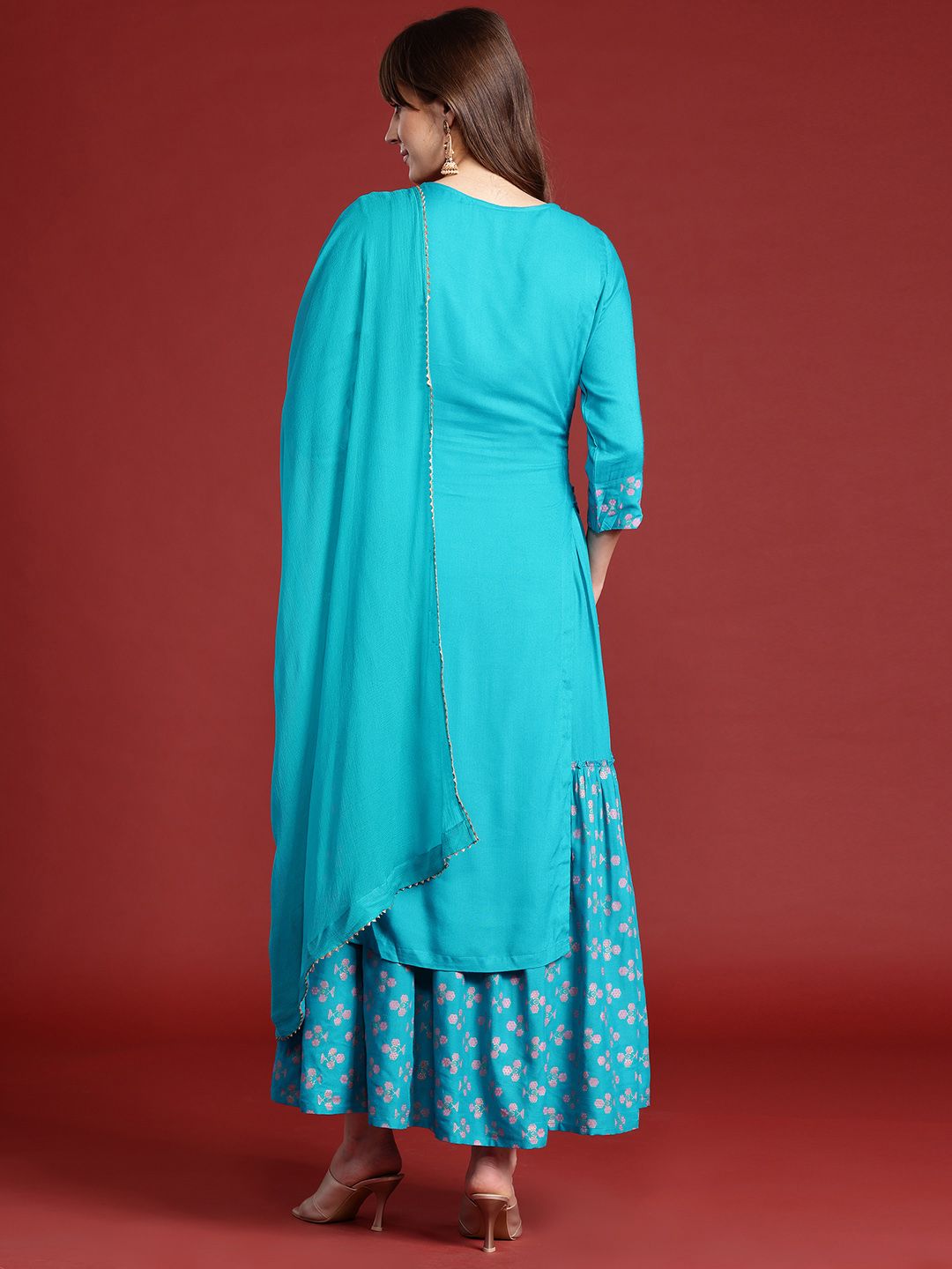 Anouk Ethnic Printed Yoke Embroidered Layered Kurta with Dupatta