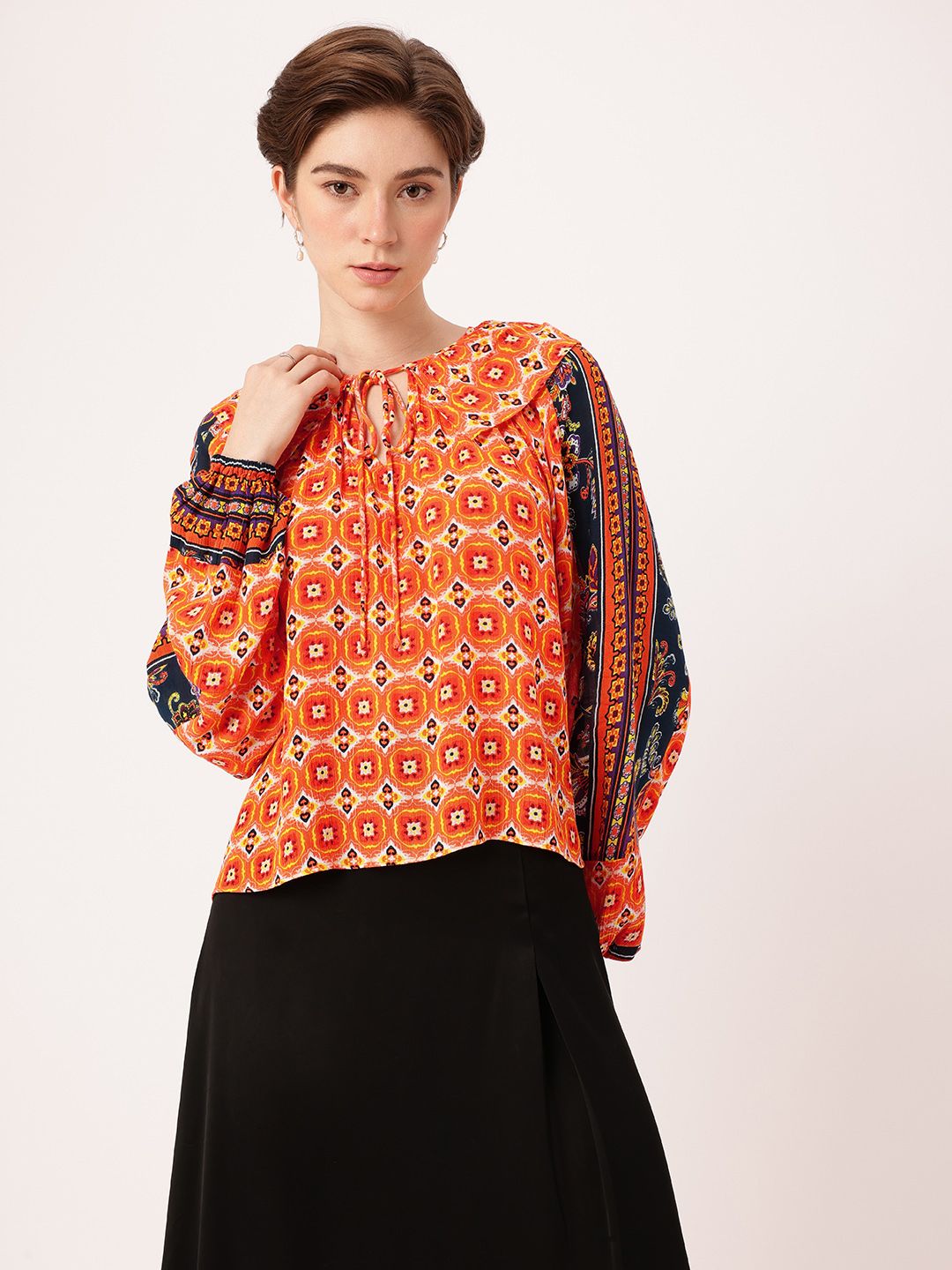 DressBerry Vibrant Vibes Printed Tie-Ups Gathers & Layer Detail Top