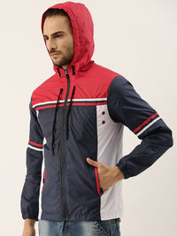 Campus Sutra Men Navy Blue & Red Colourblocked Windcheater Outdoor Biker Jacket
