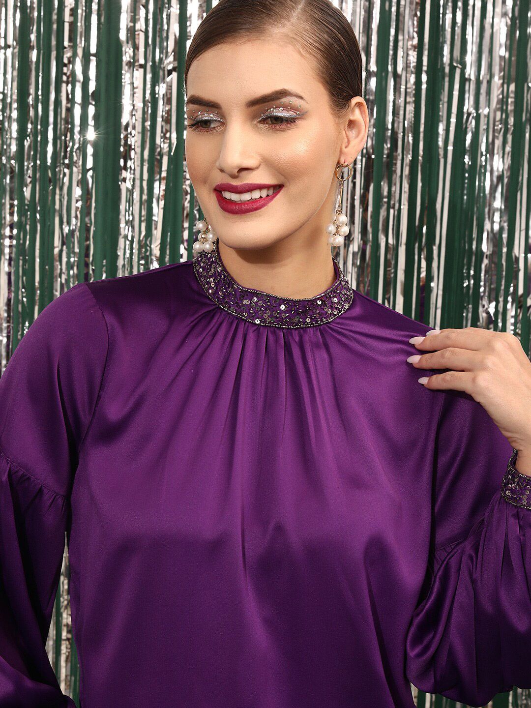 STREET 9 High Neck Sequined Gathered Puff Sleeves Top