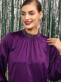 STREET 9 High Neck Sequined Gathered Puff Sleeves Top