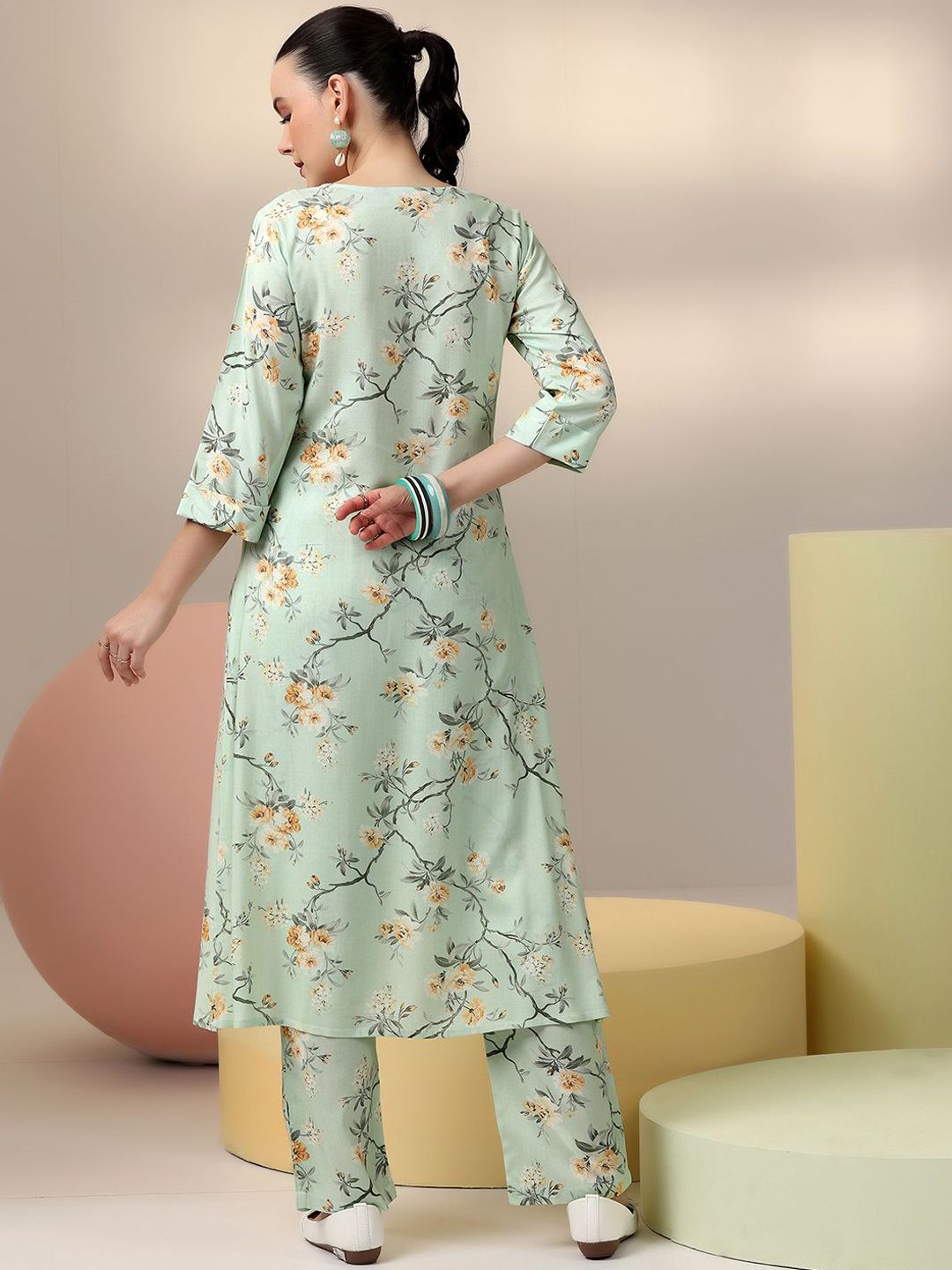 Libas Sea Green Floral Printed V-Neck Tunic With Palazzo