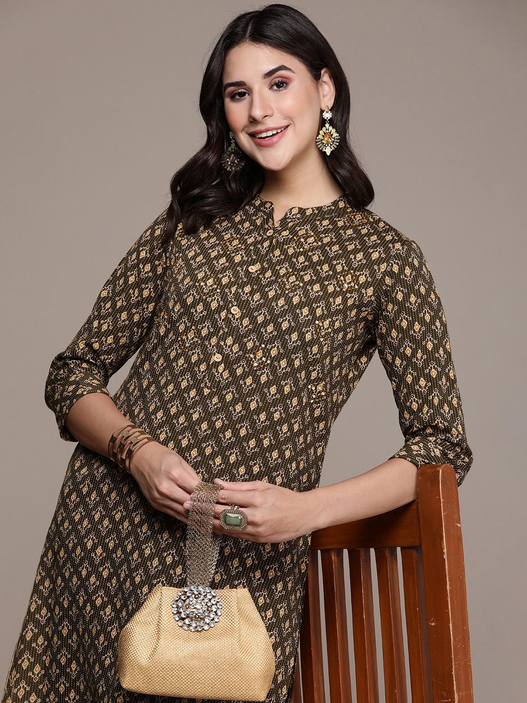 Anouk Women Ethnic Motifs Printed Regular Sequinned Pure Cotton Kurta with Trousers