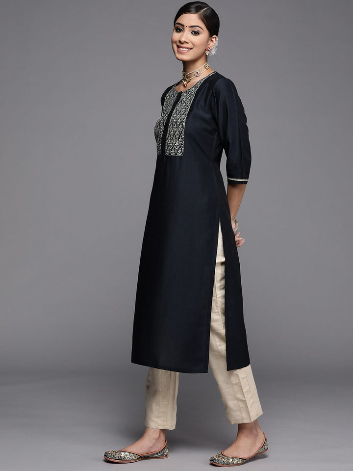 Libas Women Navy Blue Ethnic Motifs Yoke Design Kurta