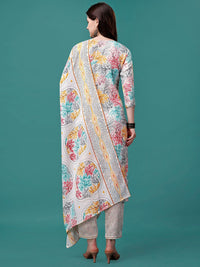 KALINI Floral Printed Embroidered Thread Work Straight Kurta With Trousers & Dupatta