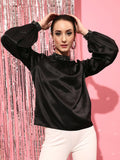 STREET 9 Women Black Jewel Neck Cuffed Sleeves Top