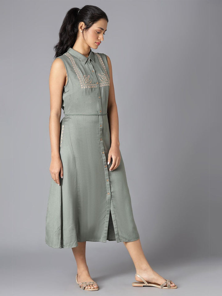 W Green & White Floral Embroidered Shirt Midi Dress