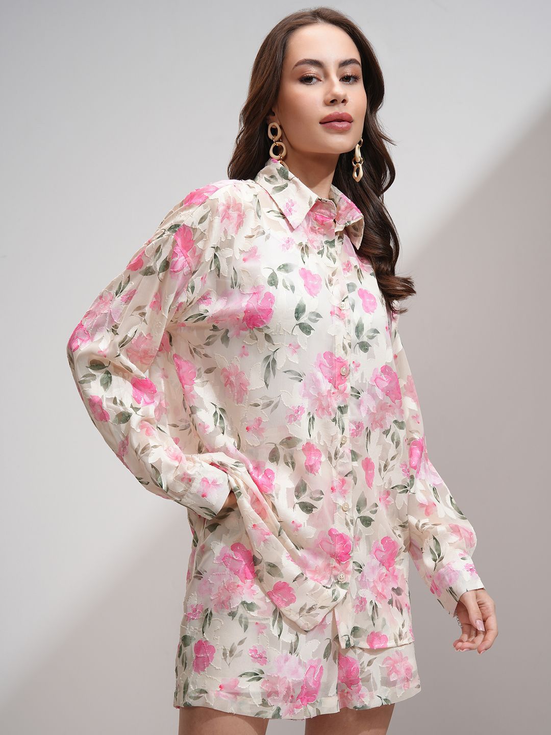 ESPYR By Tokyo Talkies Women Textured Jacquard Shirt Shorts Co-Ord Set