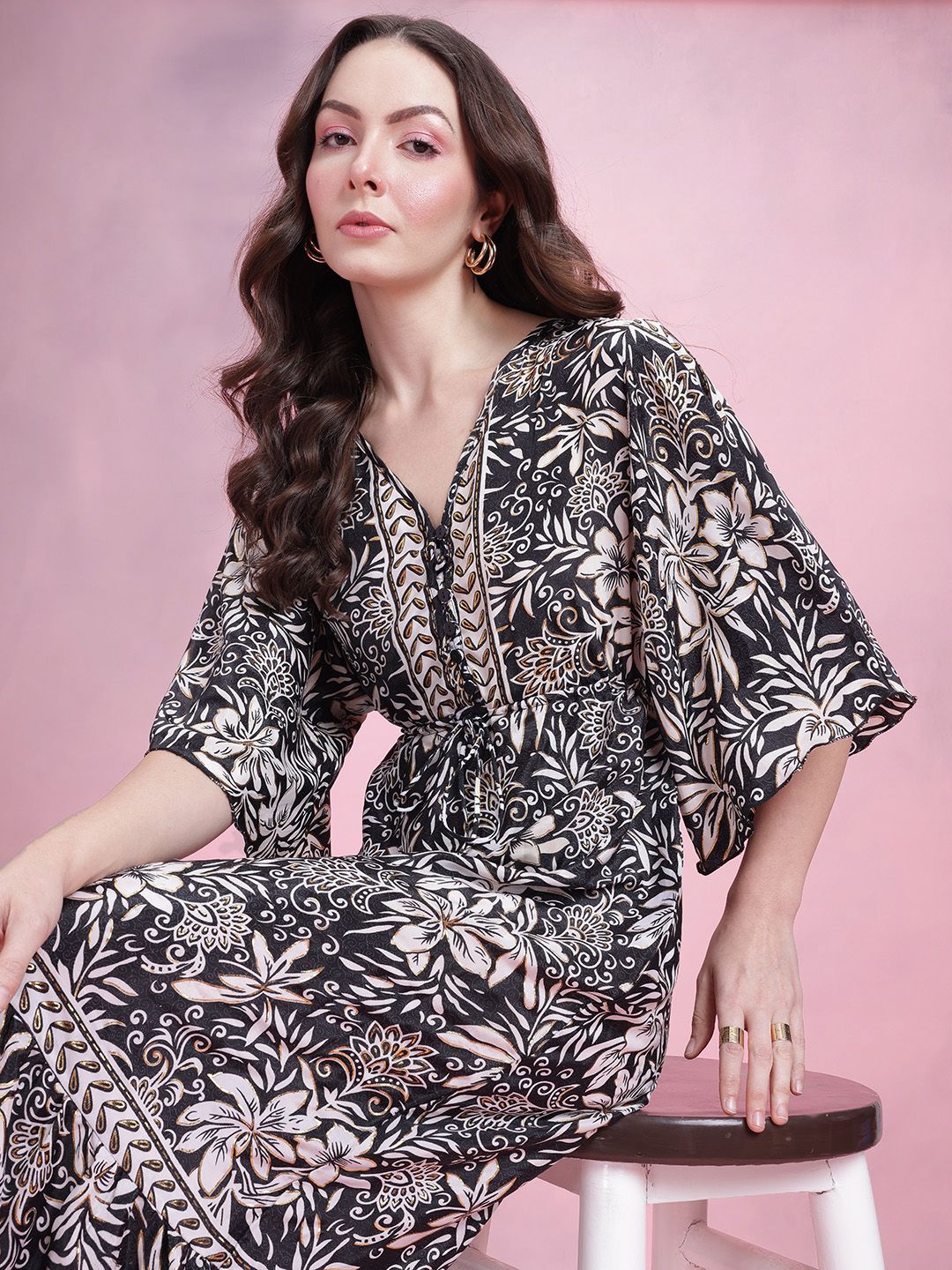 DressBerry Printed Kimono Sleeves Kaftan Midi Dress