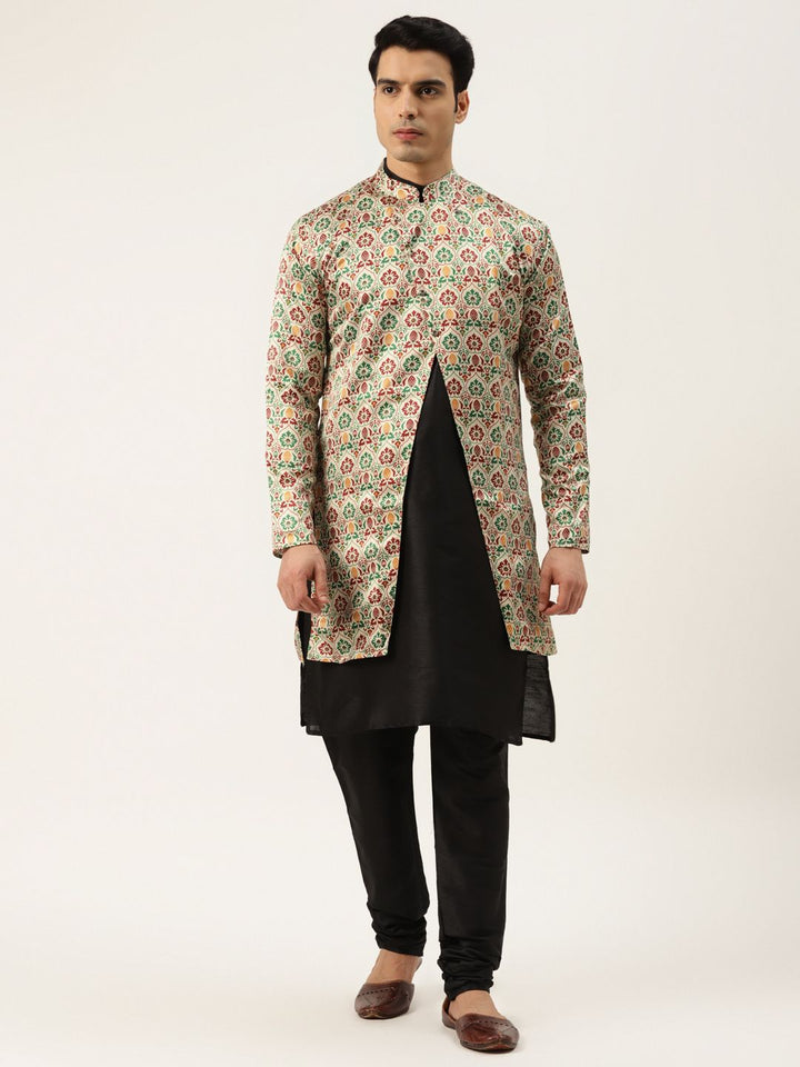 SOJANYA Men Black Solid Kurta Set With Printed Jacket