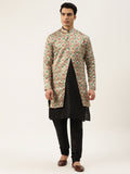 SOJANYA Men Black Solid Kurta Set With Printed Jacket