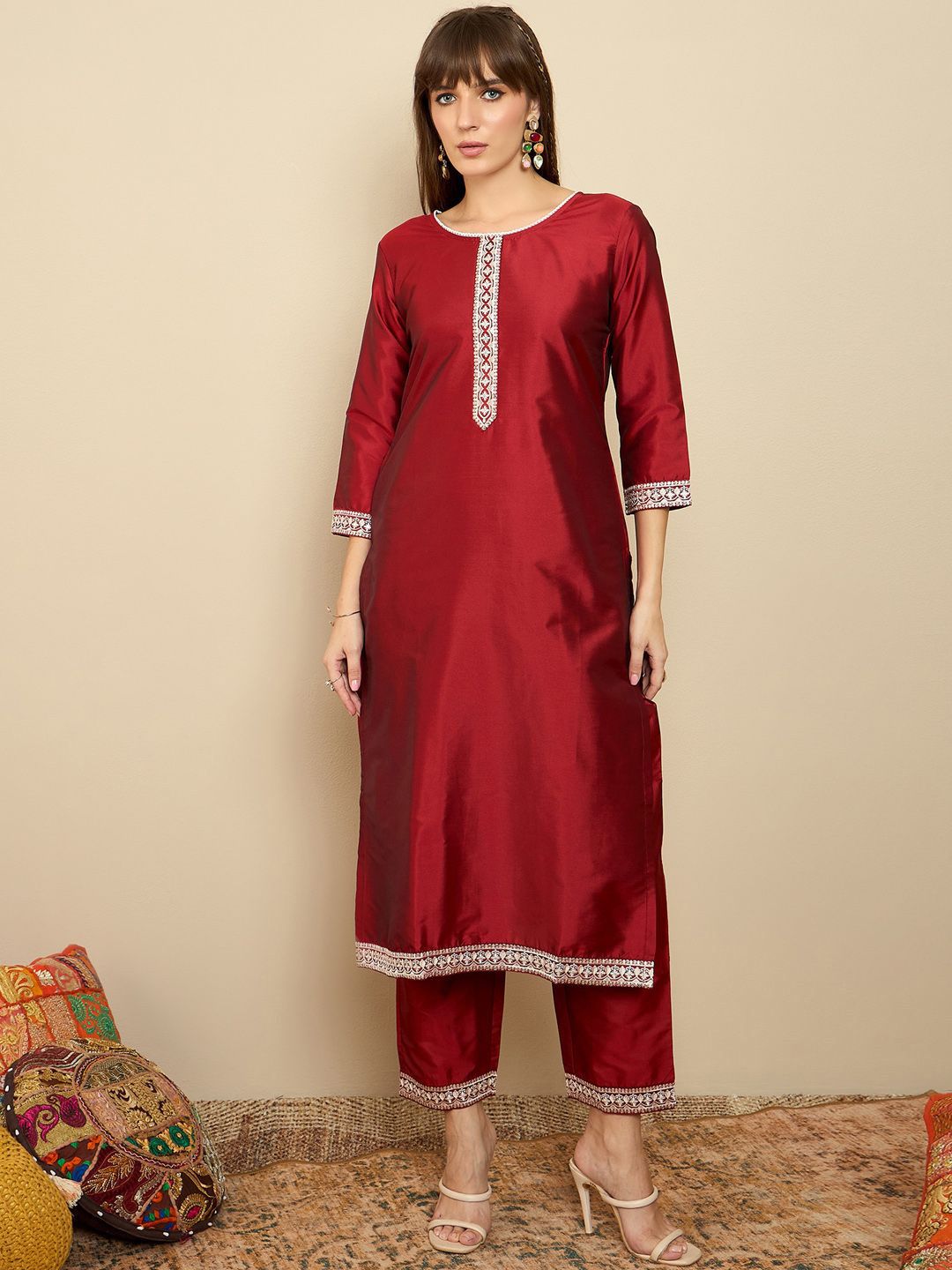 Indo Era Straight Sequinned Kurta with Trousers & Dupatta