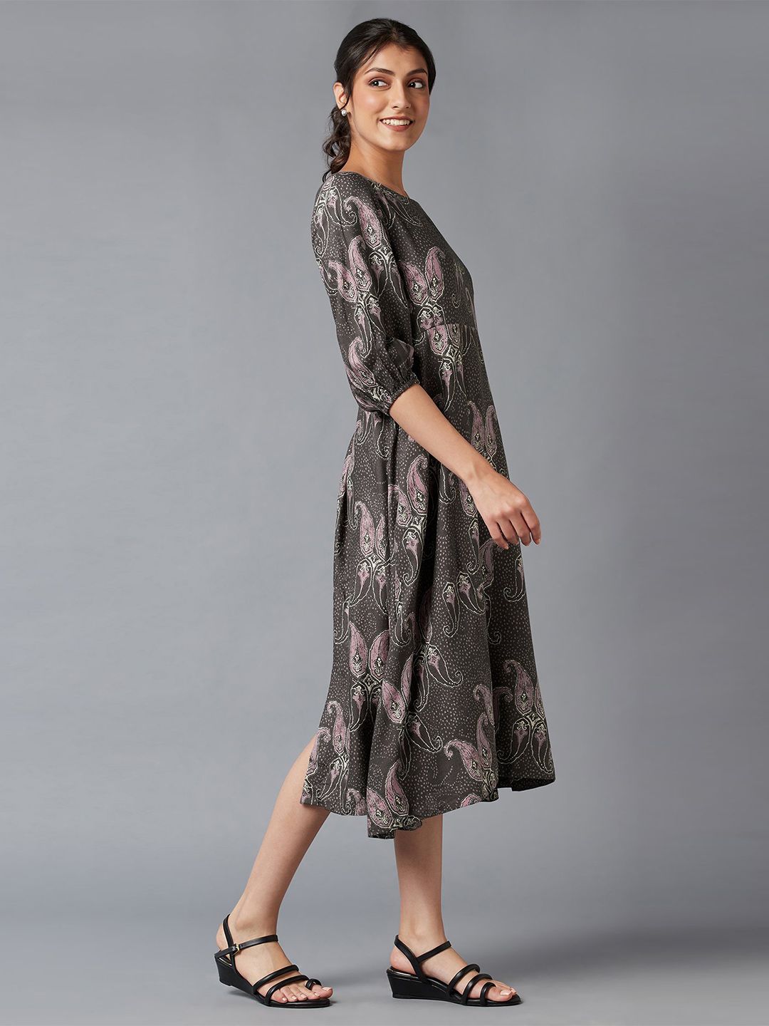 W Brown Ethnic Motifs A-Line Midi Dress