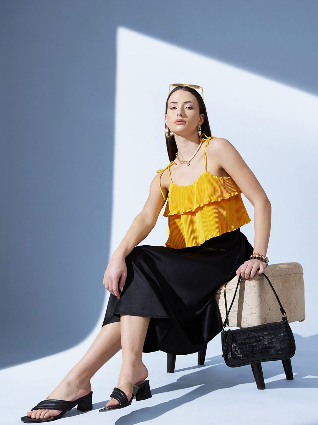 STREET 9 Yellow Shoulder Straps Accordion Pleats Tiered Top