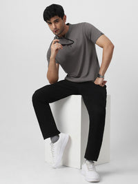 Urbano Fashion Men's Dark Grey Solid Mandarin Collar Slim Fit Half Sleeve Cotton T-Shirt