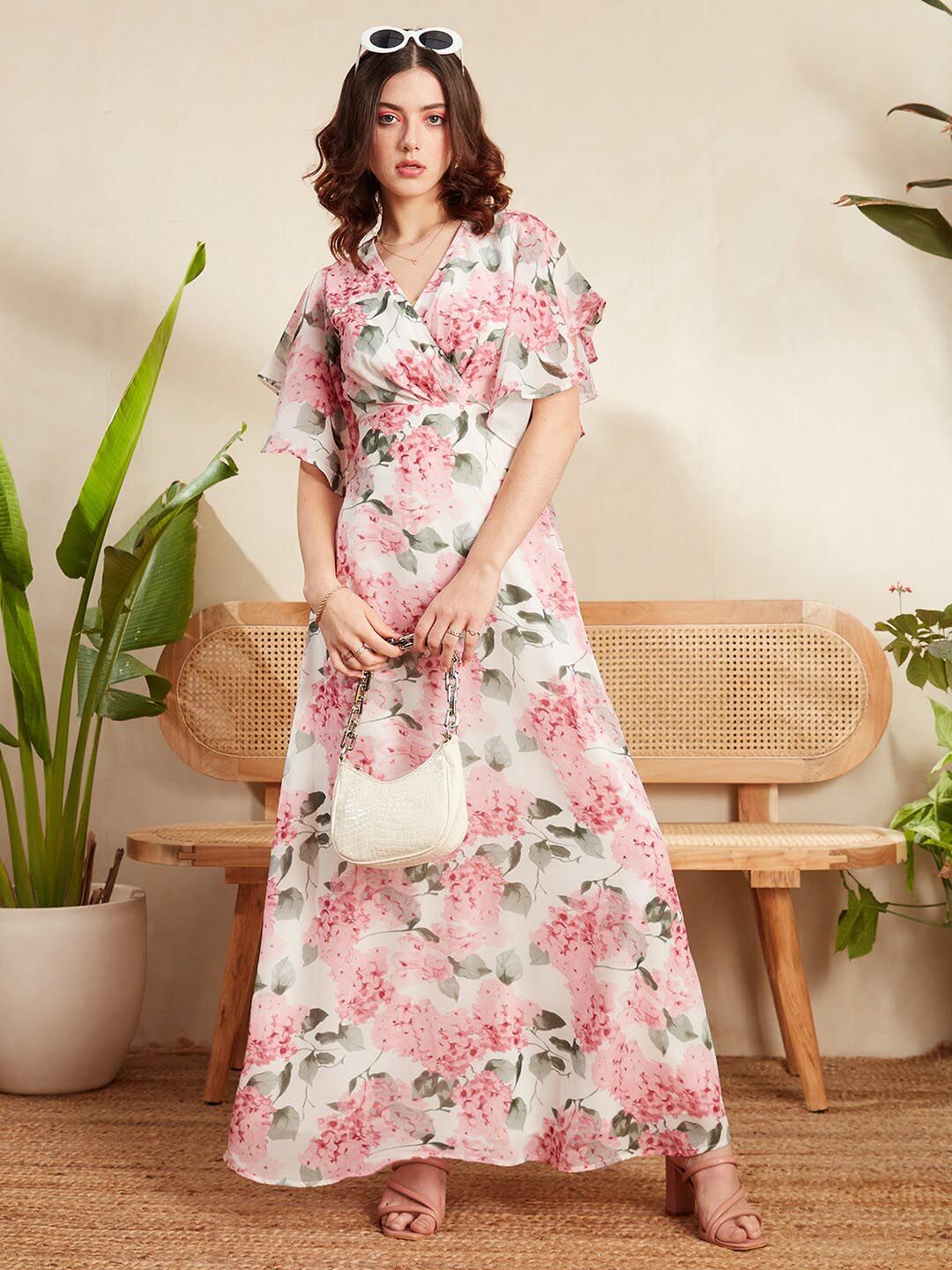 Berrylush White Floral Printed Flutter Sleeve Gathered Georgette Wrap Dress