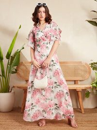 Berrylush White Floral Printed Flutter Sleeve Gathered Georgette Wrap Dress