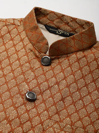 SOJANYA Men Pink & Orange Ethnic Motifs Kurta with Churidar & Nehru Jacket