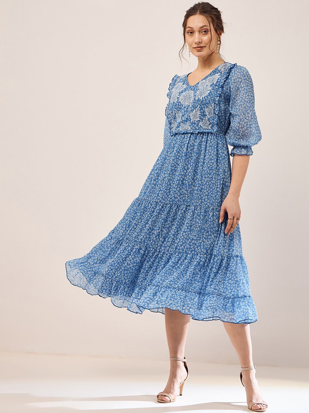 Antheaa Floral Printed Embroidered Puff Sleeve Chiffon Fit & Flare Tiered Midi Dress