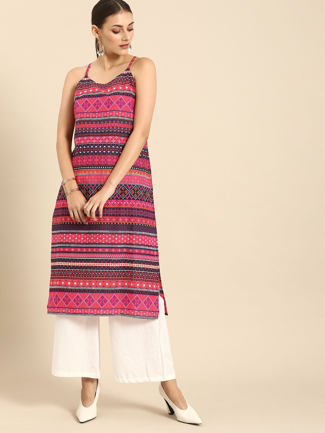 Anouk Women Pink & Navy Blue Striped Kurta