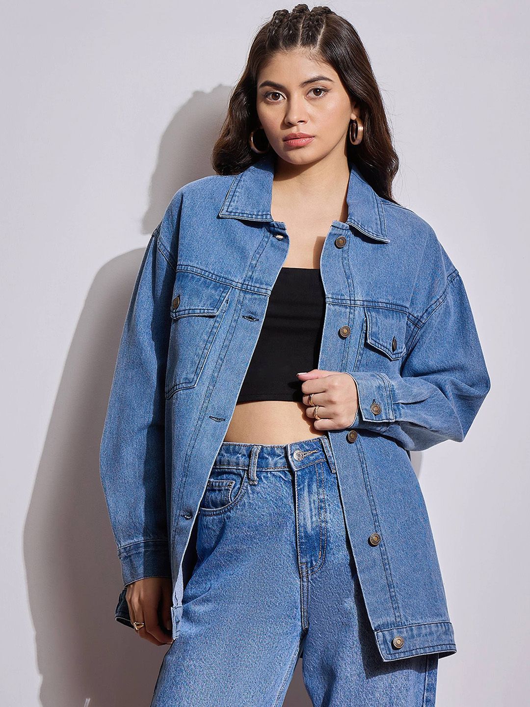 SASSAFRAS Women Spread Collar Solid Casual Denim Jacket