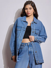 SASSAFRAS Women Spread Collar Solid Casual Denim Jacket