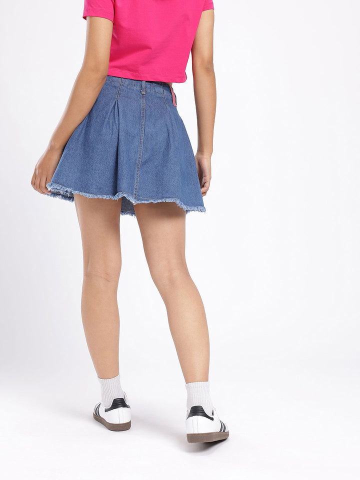DressBerry Women Street Chic Pleated Flared Denim Mini Skirt