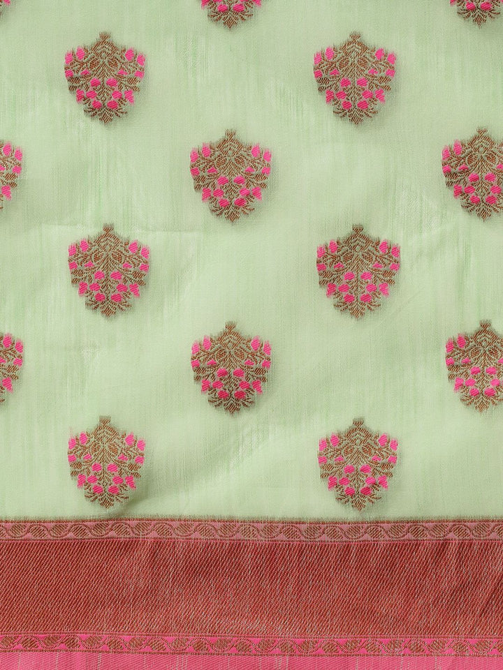 Saree mall Green & Pink Floral Zari Linen Blend Banarasi Sarees
