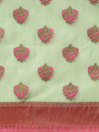 Saree mall Green & Pink Floral Zari Linen Blend Banarasi Sarees